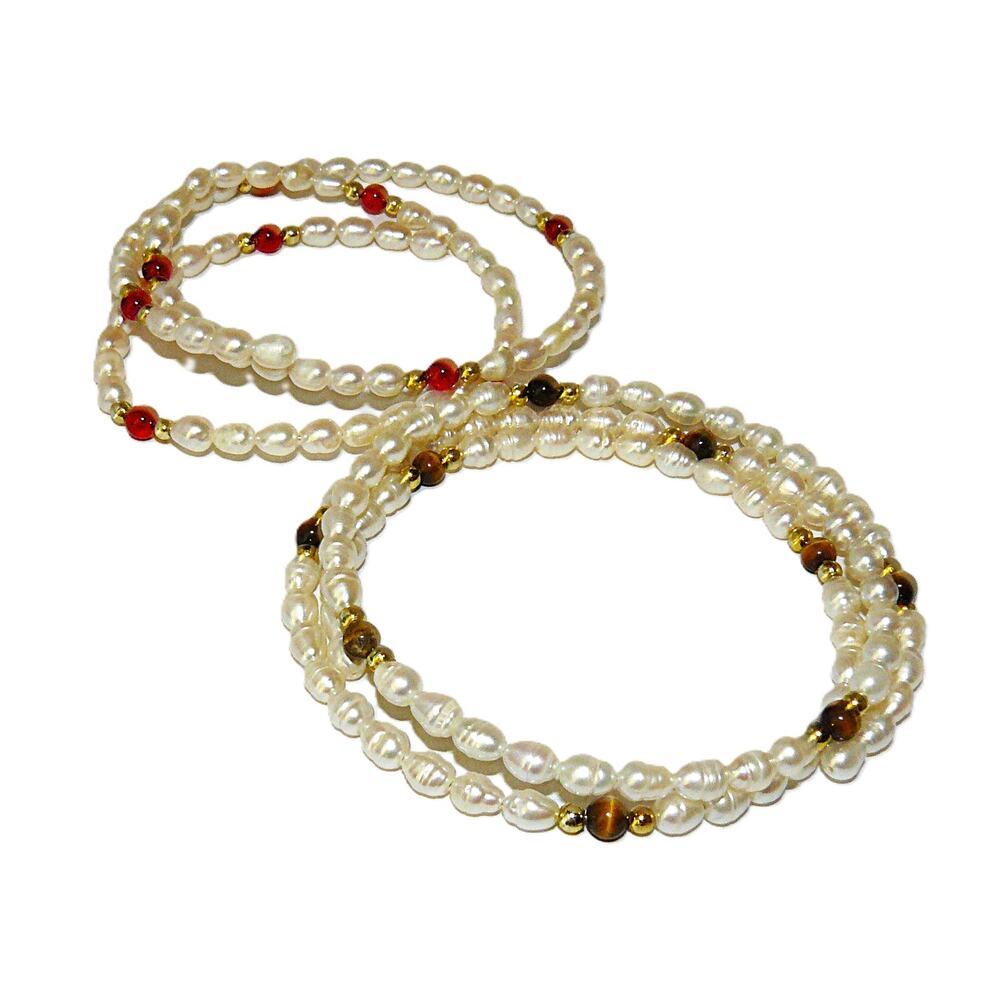 2 Freshwater Pearl Coil Wrap Bracelets Gold-Tone Red & Tiger Eye Beads - Picture 2 of 11
